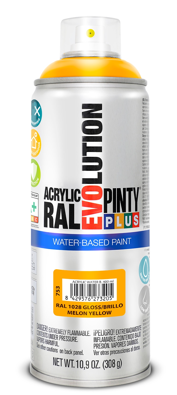 Spray vopsea acrilica pe baza de apa PINTYPLUS Evolution, galben pepene, RAL 1028, 400 ml