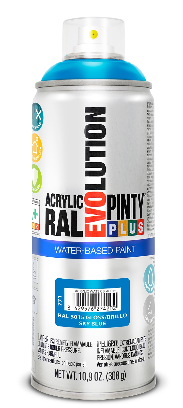 Spray vopsea acrilica pe baza de apa PINTYPLUS Evolution, albastru cer, RAL 5015, 400 ml