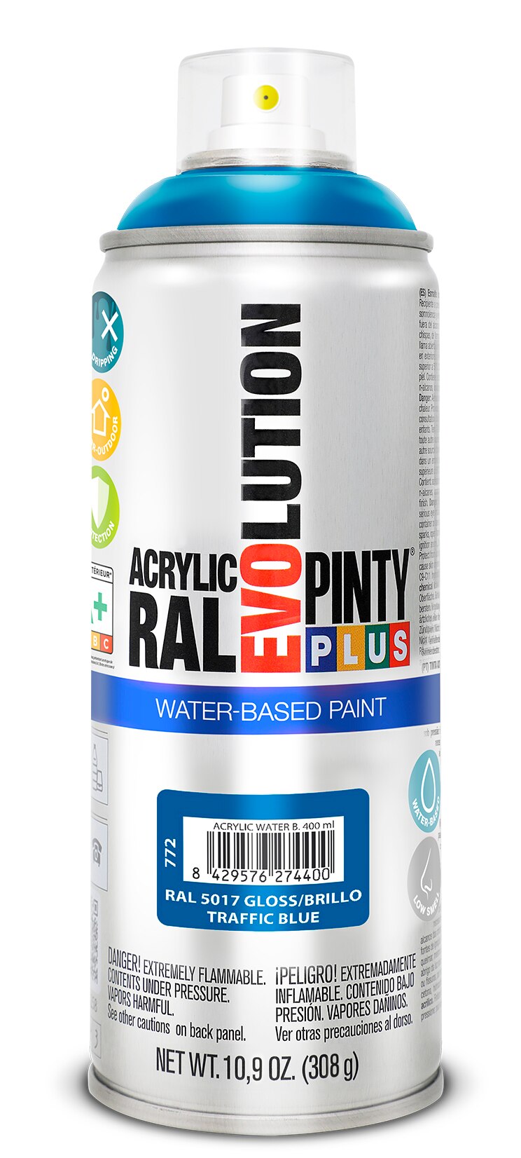 Spray vopsea acrilica pe baza de apa PINTYPLUS Evolution, albastru trafic, RAL 5017, 400 ml