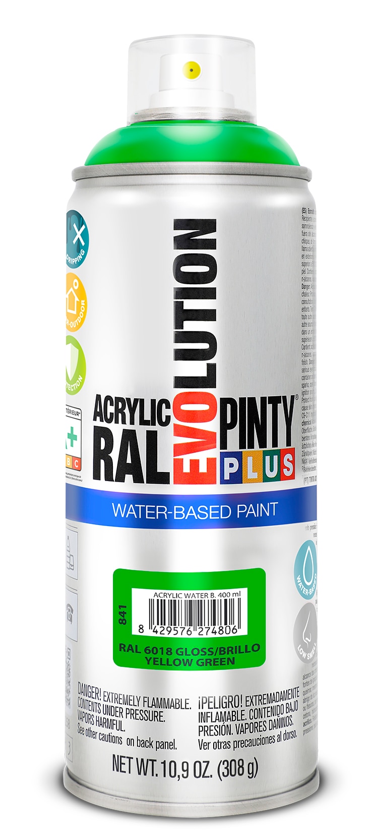 Spray vopsea acrilica pe baza de apa PINTYPLUS Evolution, galben verde, RAL 6018, 400 ml