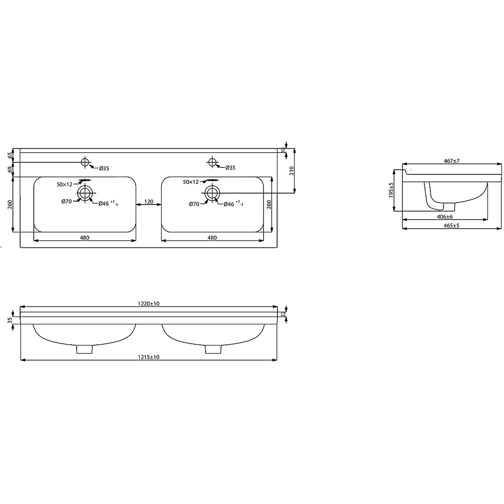 Lavoar dublu GOODHOME Kentia, 120.6 x 45.2 x 9.3 cm, ceramica, alb mat