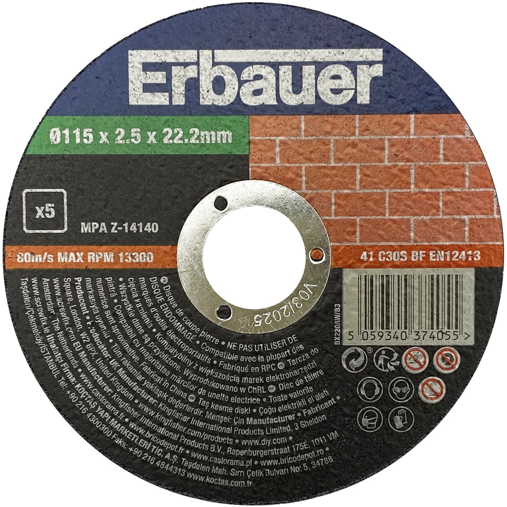 Disc polizor ERBAUER, piatra, 115x22.2mm, 5 bucati