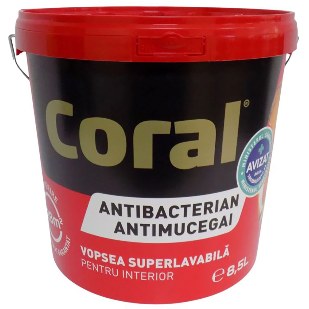 Vopsea super lavabila antimucegai interior Coral A&A, pe baza de apa, alb, 8.5 l