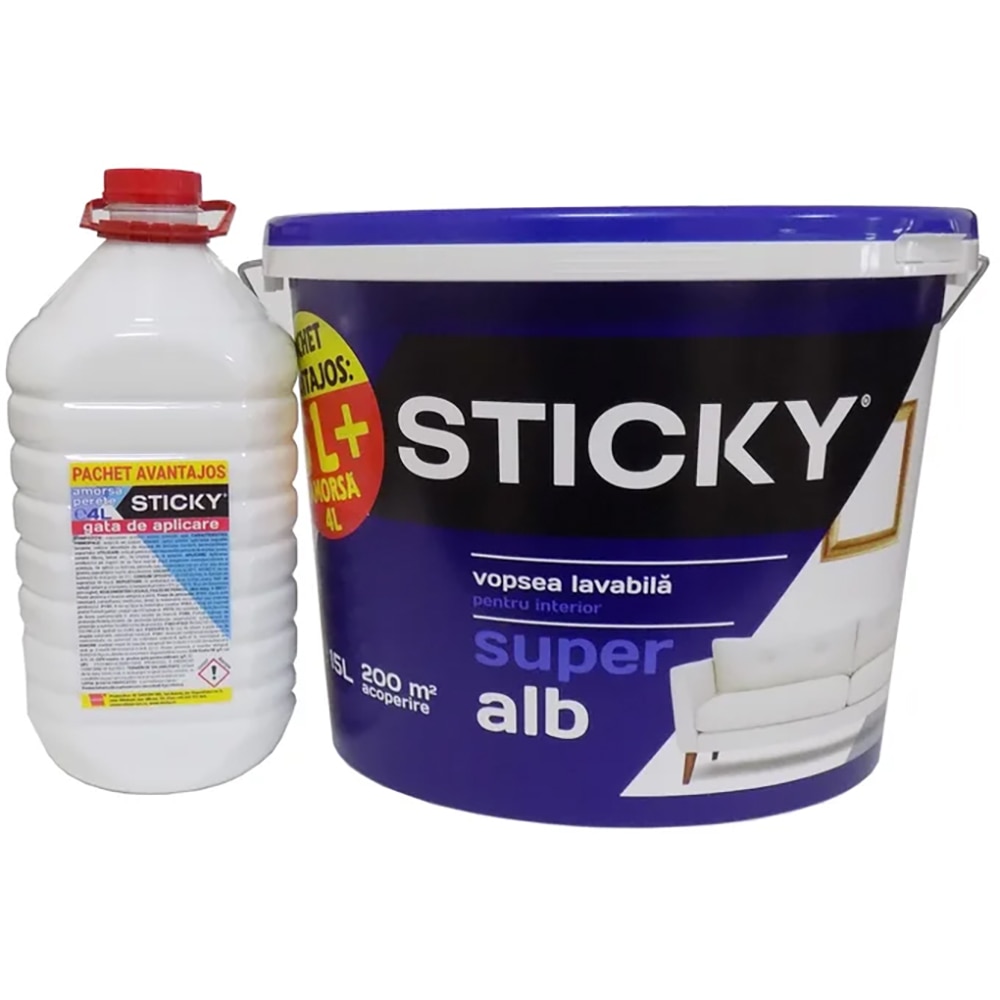 Pachet vopsea lavabila Sticky, interior, super alb, 15 L + amorsa 4 L