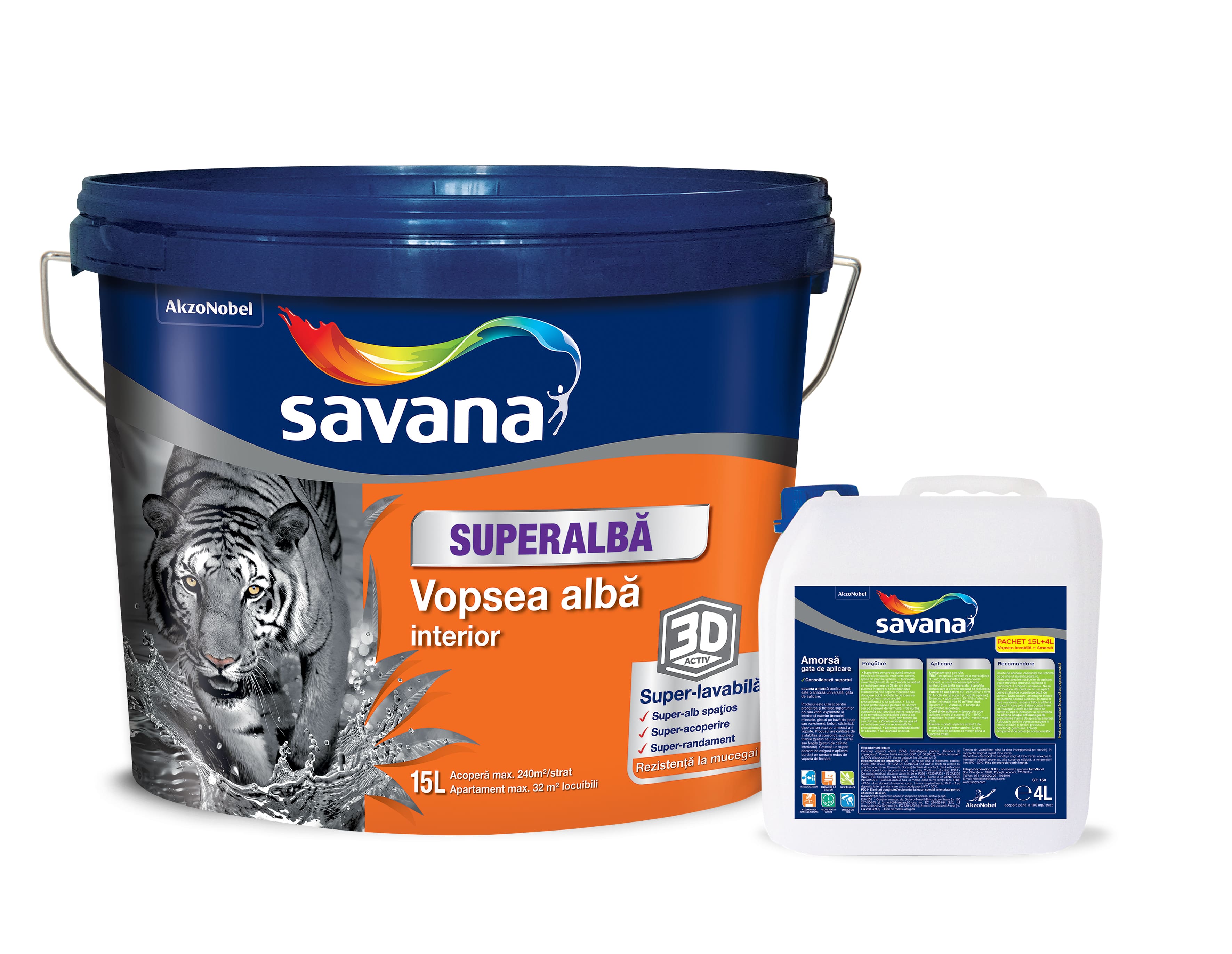 Vopsea lavabila 3D activ + amorsa, interior, culoare alb, 15 L  4 L • Savana