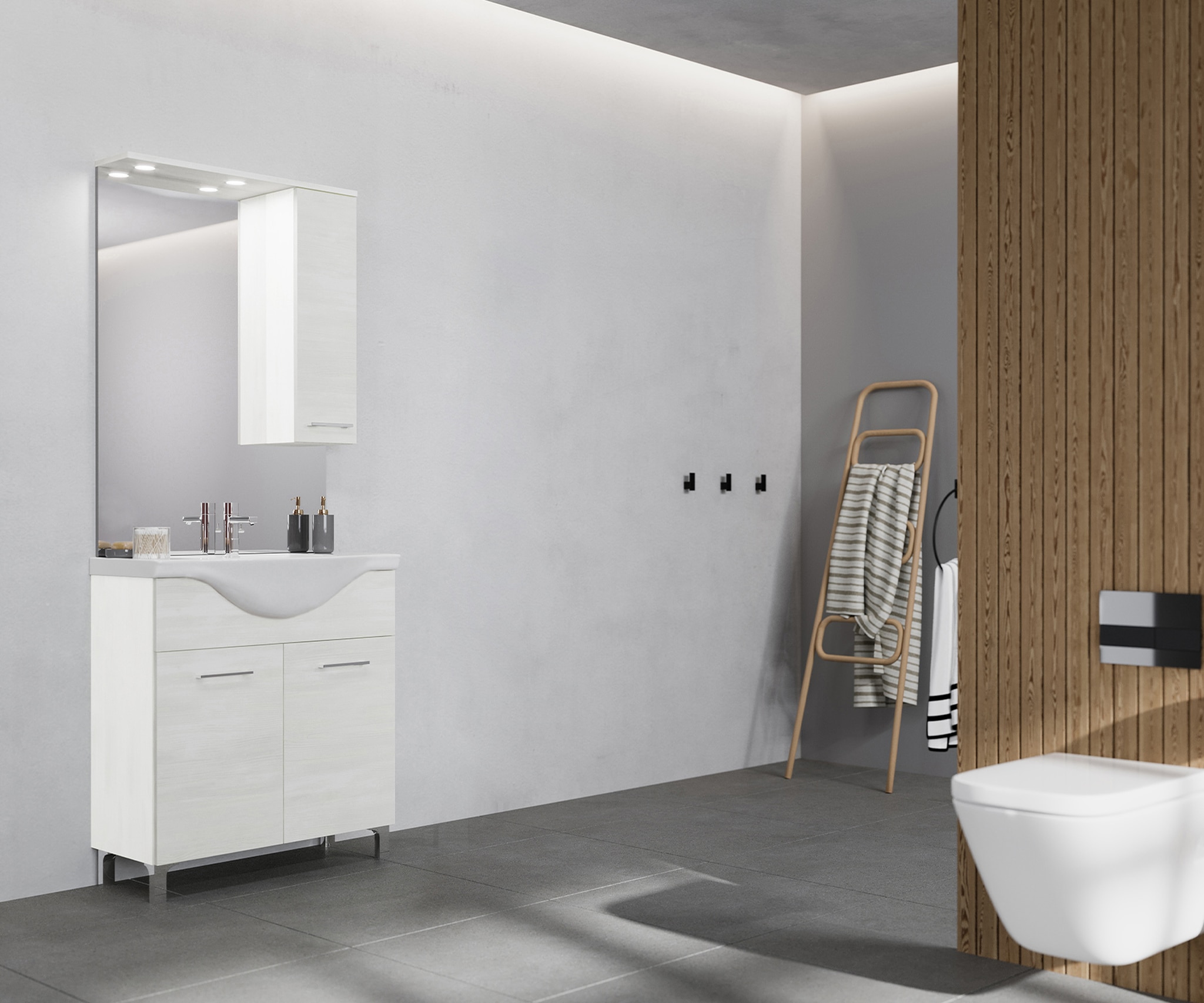 Set mobilier baie Savinidue Terra, 3 piese, 75 cm, Iluminare LED, alb