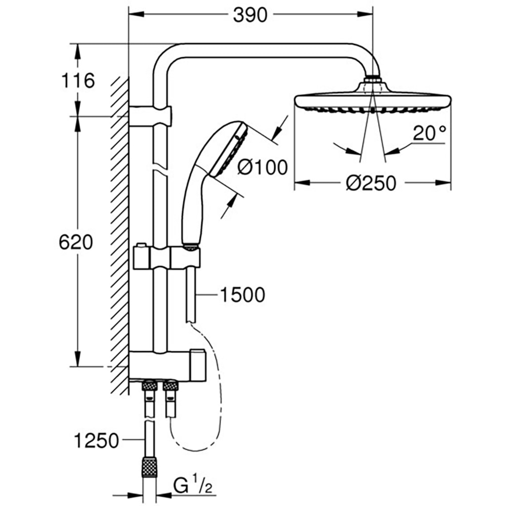 Sistem de dus flexibil cu divertor GROHE Vitalio Start250, cap dus 25 cm, brat 39 cm, montaj pe perete, metal, crom