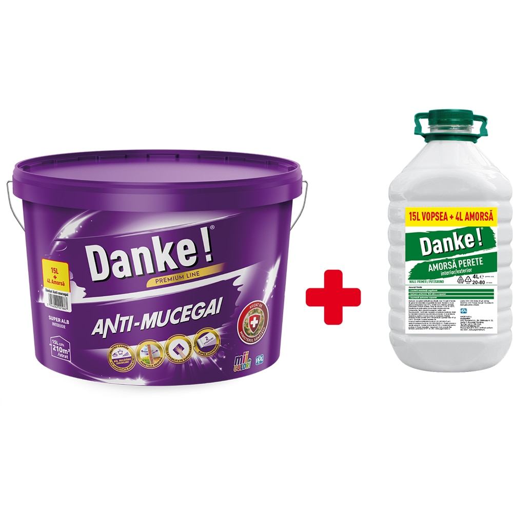 Pachet Vopsea lavabila anti-mucegai DANKE, 15L si Amorsa Danke, 4L