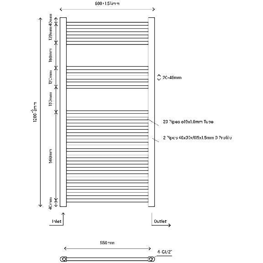 Calorifer baie portprosop FLOMASTA, 1200x600 mm, crom