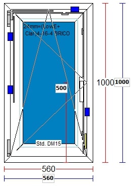 Fereastra termopan PVC, alb, dubla deschidere, stanga, 5 camere, 56 X 100 cm