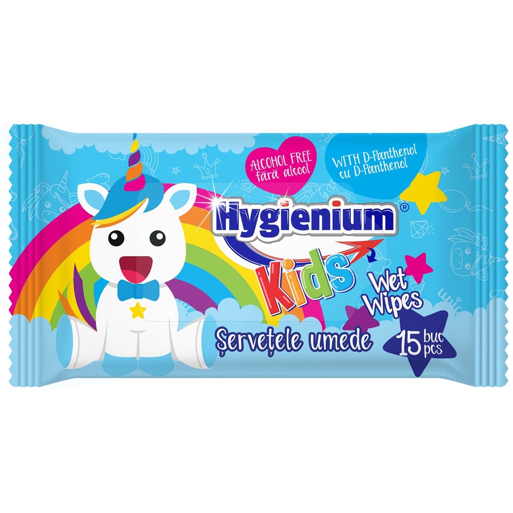 Servetele umede antibacteriene HYGIENIUM Kids Unicorn Blue, 15 bucati