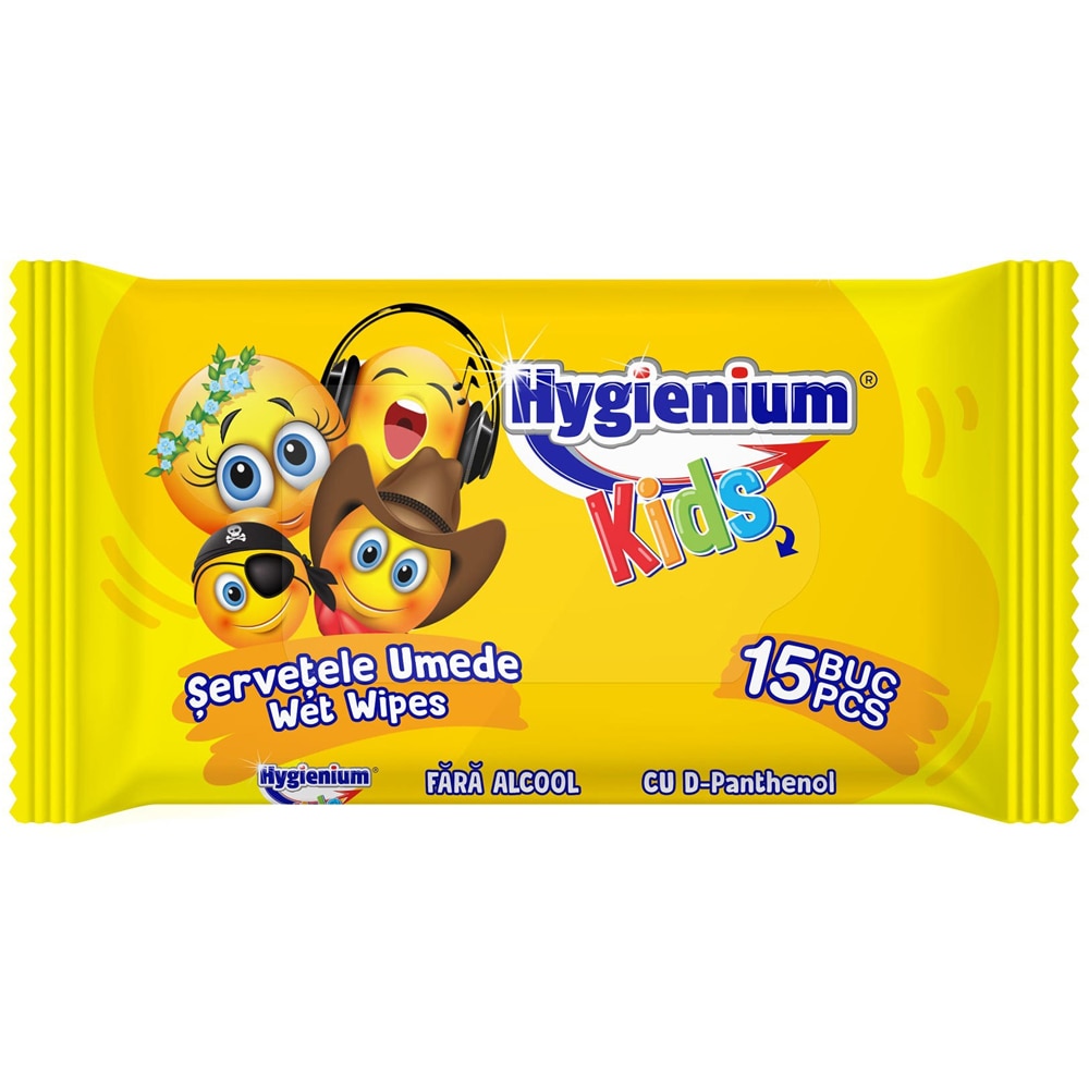 Servetele umede antibacteriene HYGIENIUM Kids Smiley, 15 bucati