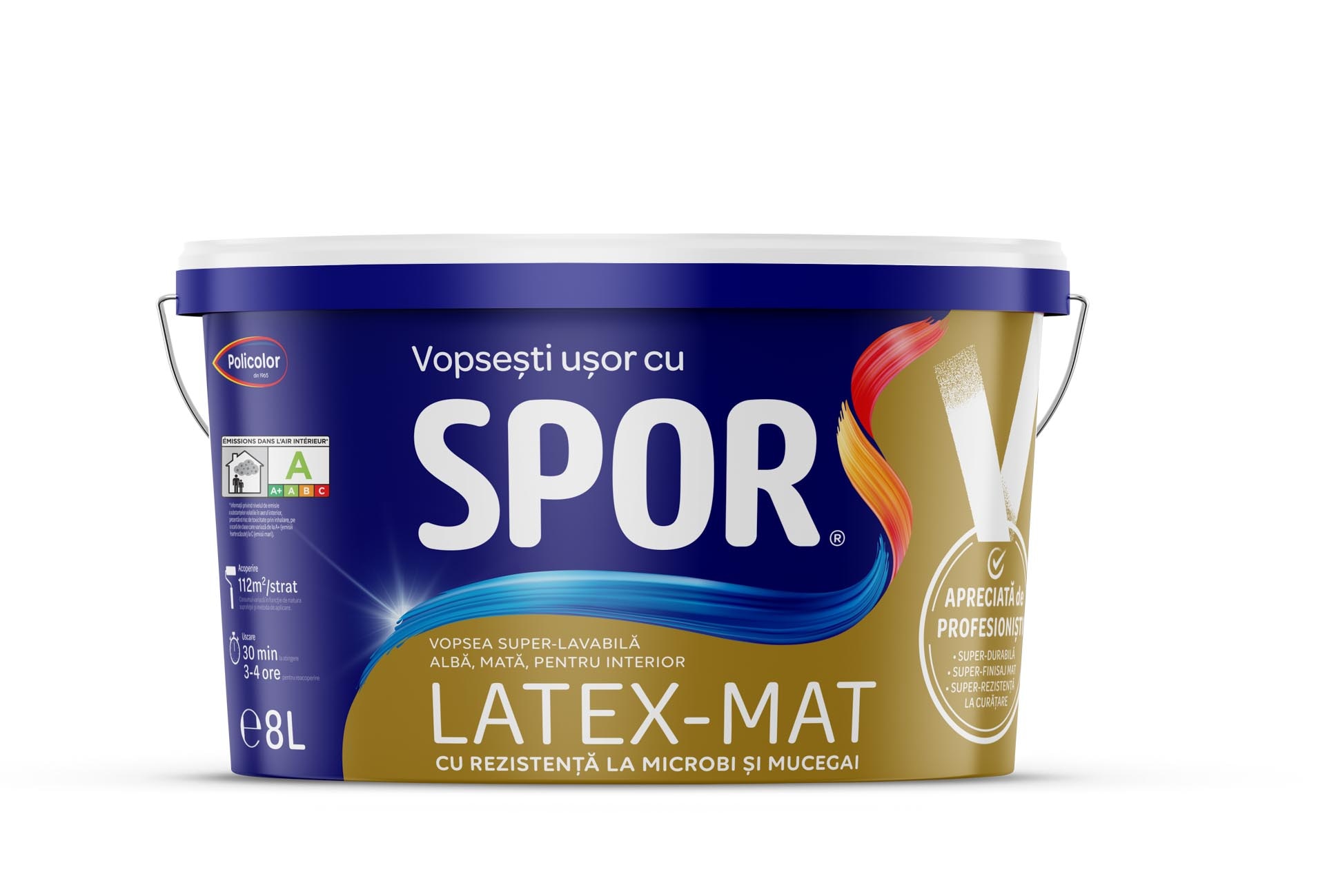 Vopsea superlavabila, interior, alba, textura mata, 8 L  Spor Latex