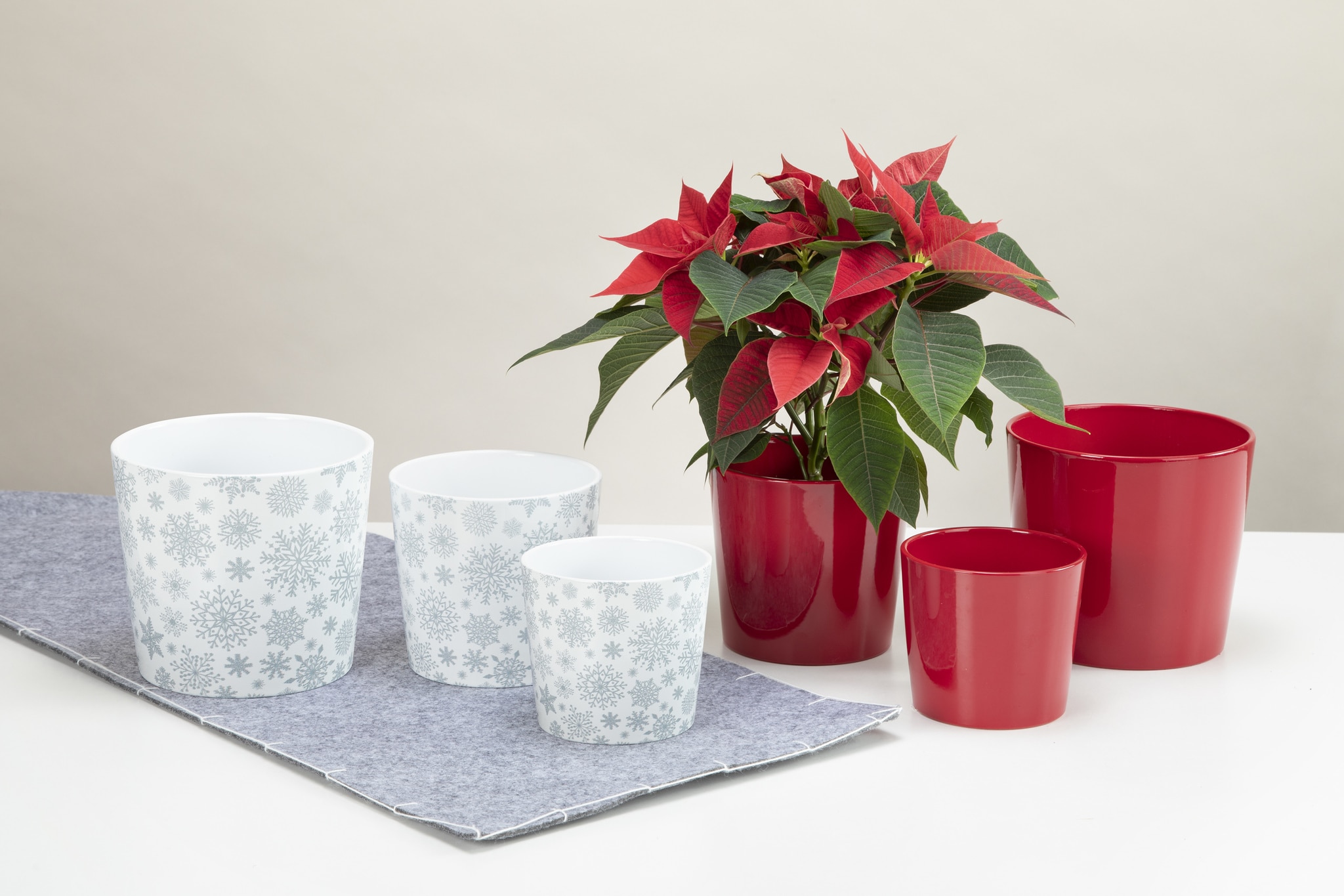 Ghiveci, rotund alb cu fulgi zapada argintii, 15 cm • Scheurich