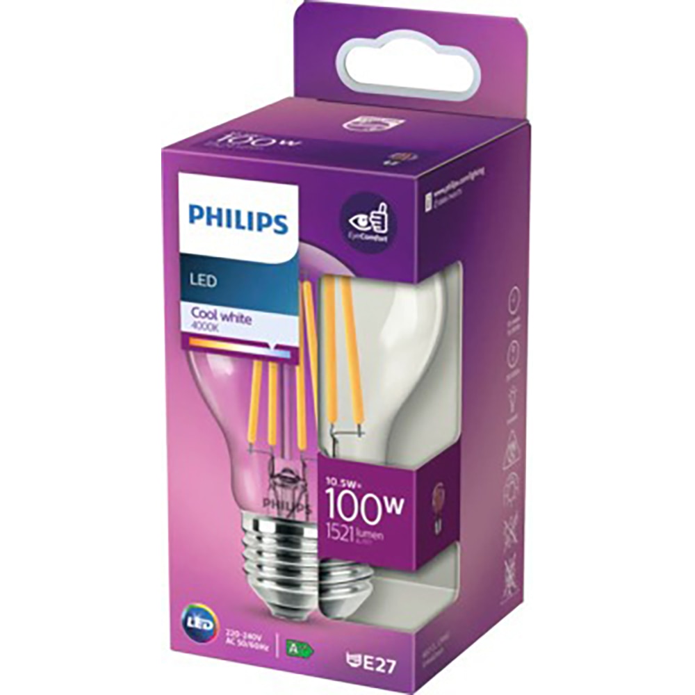 Bec filament PHILIPS A60, E27, 10.5W, 1521lm, lumina neutra