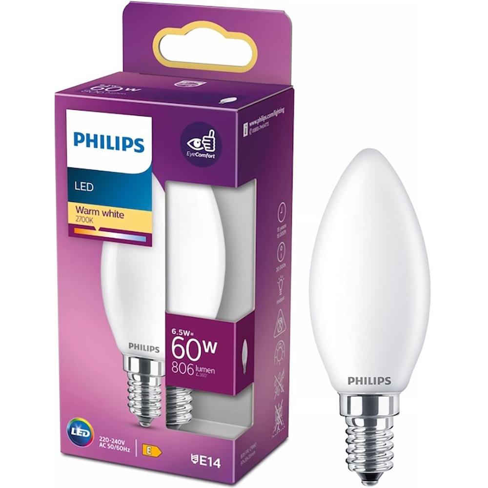 Bec LED PHILIPS Candle, E14, 6.5W, 806lm, lumina calda