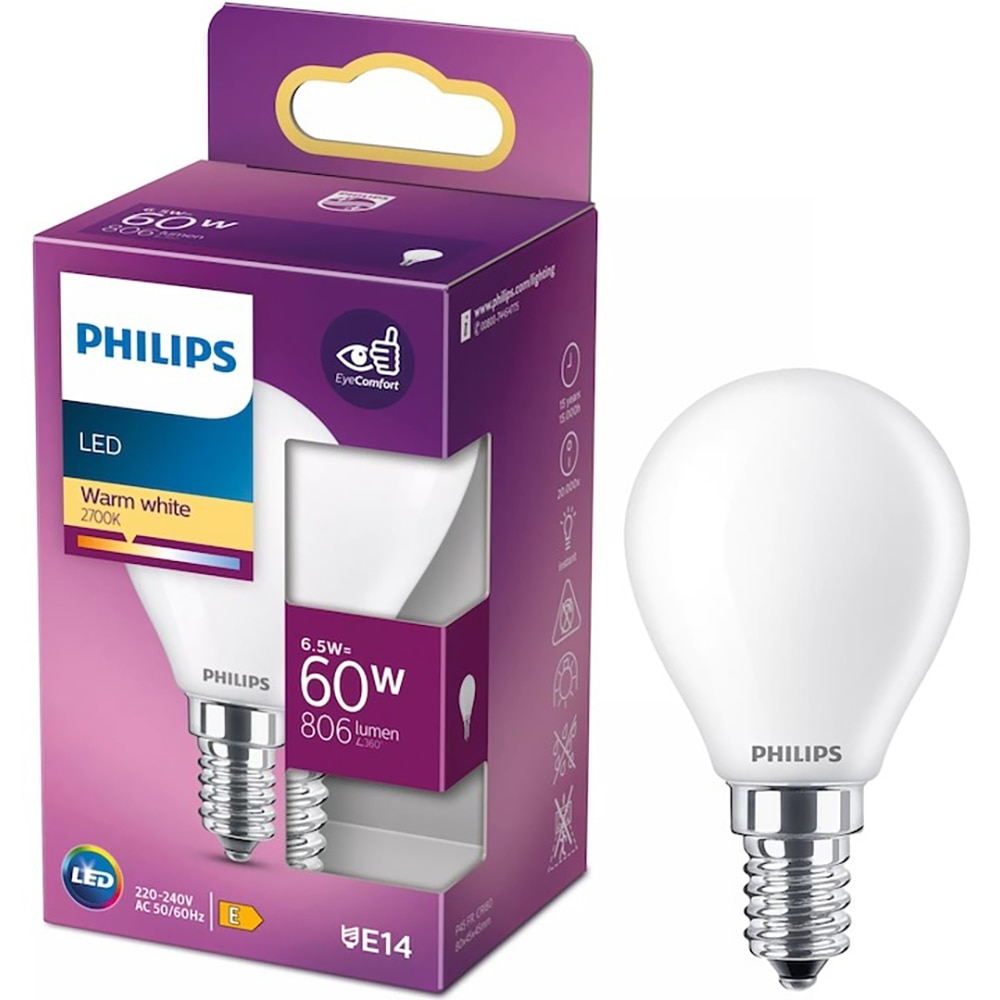 Bec LED PHILIPS P45, E14, 6.5W, 806lm, lumina calda