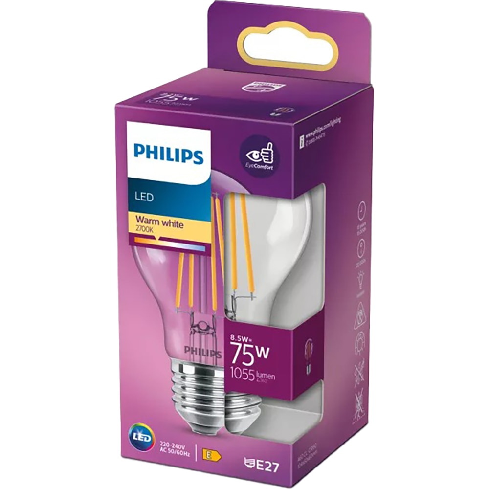 Bec filament PHILIPS Clear A60, E27, 8.5W, 1055lm, lumina calda