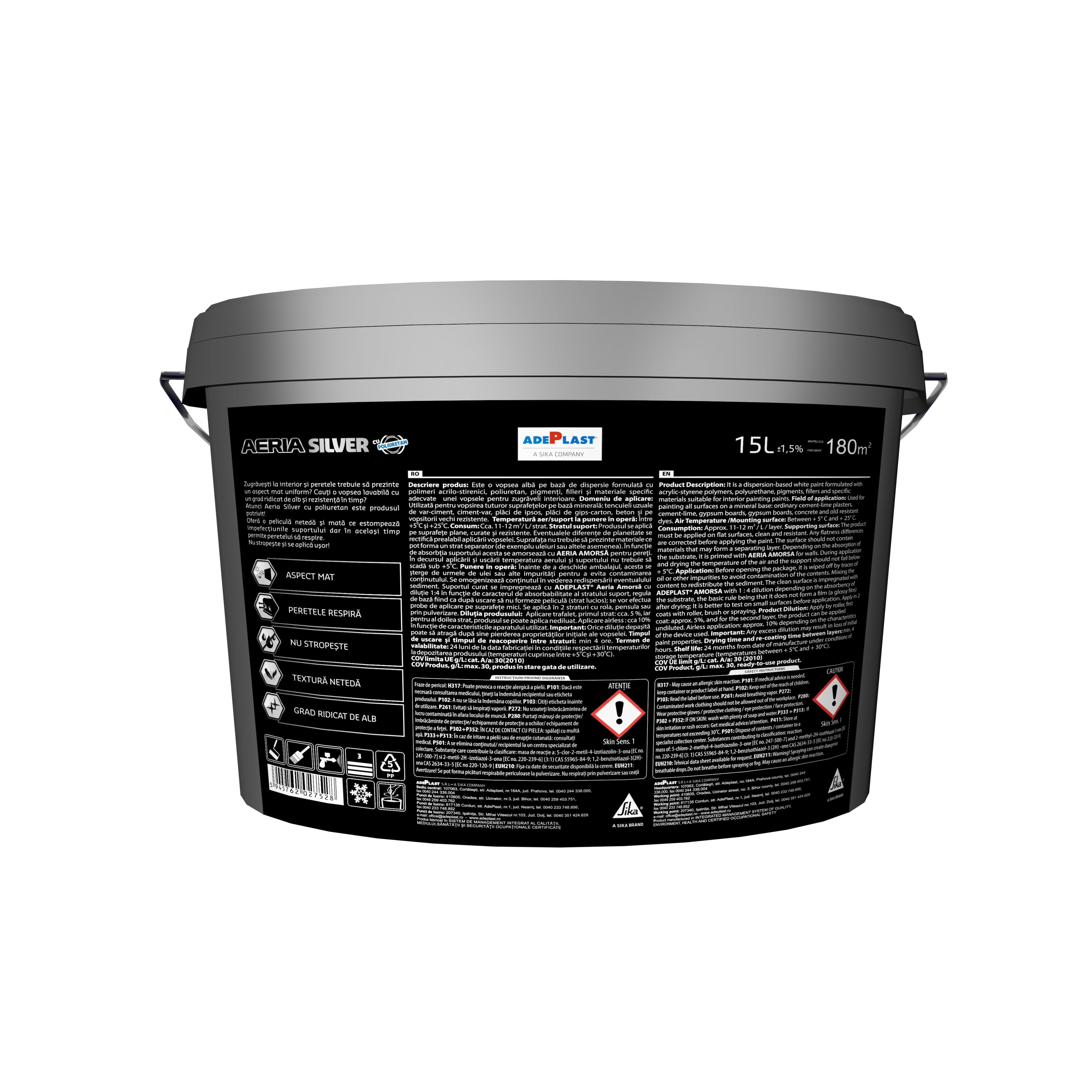 Vopsea lavabila Adeplast Aeria Silver, alb, 15 L, Interior