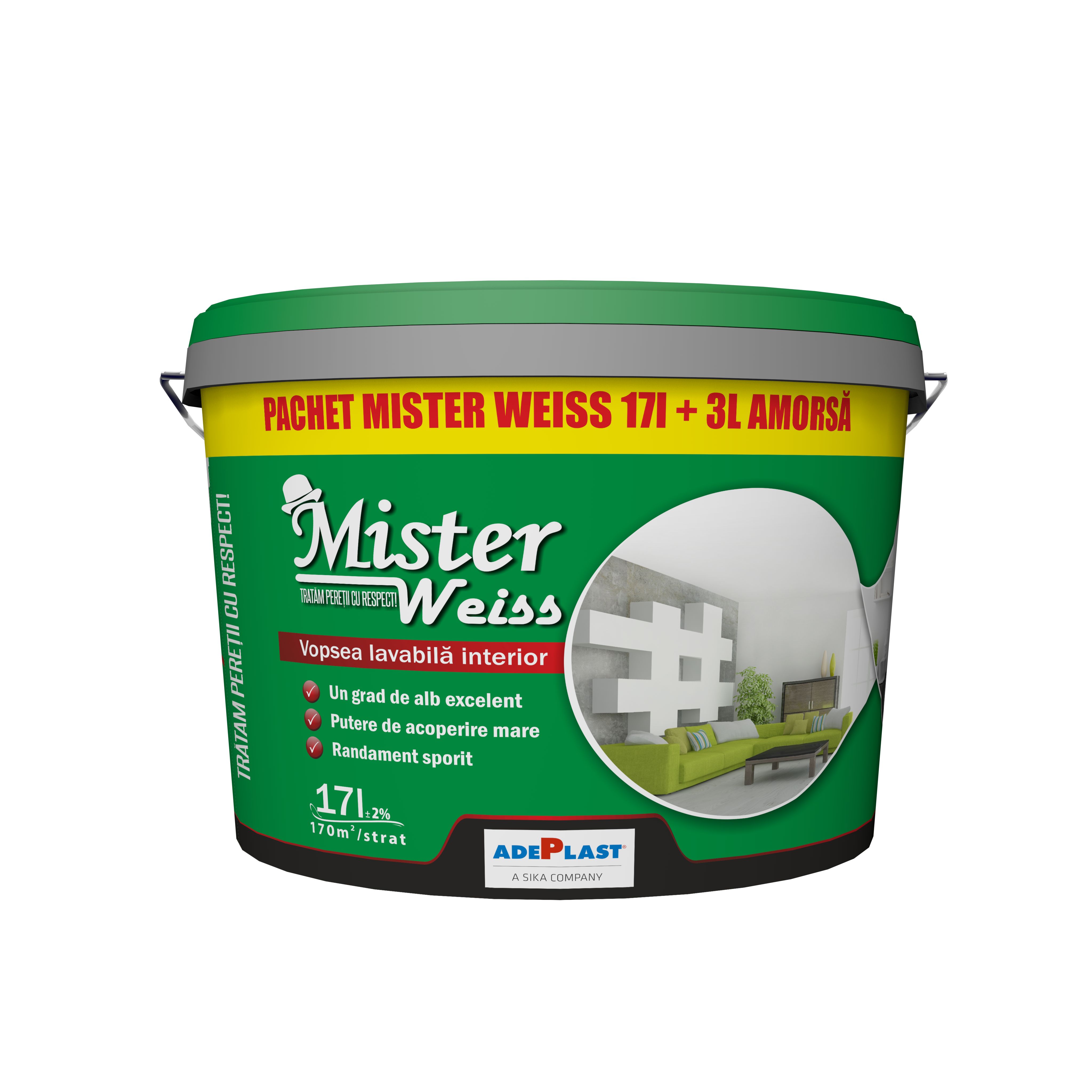 Vopsea lavabila Adeplast Mister Weiss, alb, 17 L, Interior