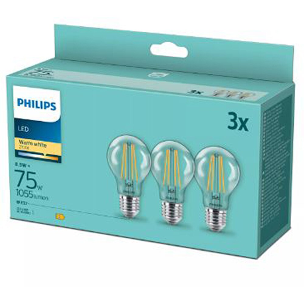 Set 3 becuri LED PHILIPS 8718699696955, 75W, A60, E27, lumina calda