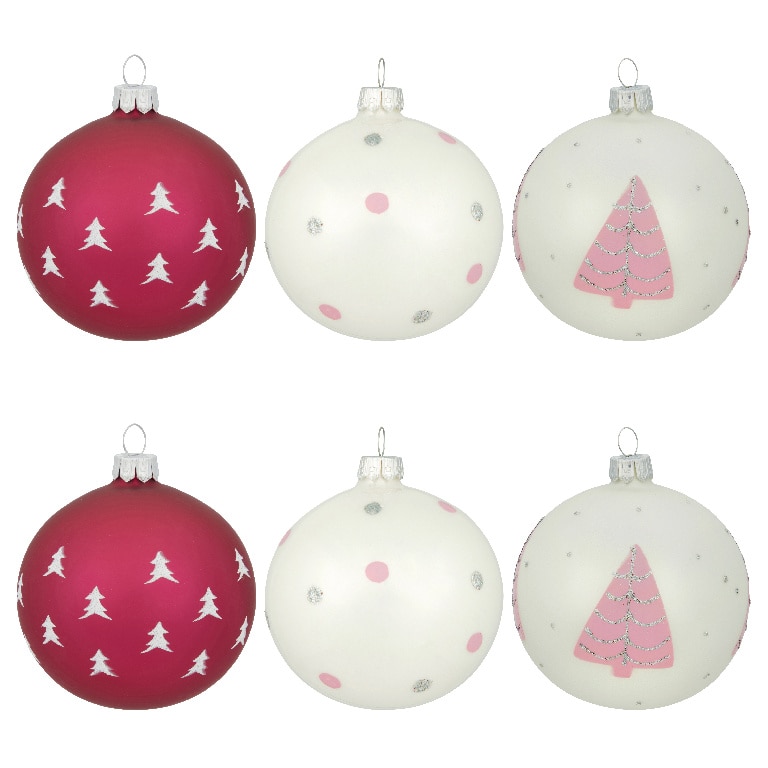 Set globuri Craciun, sticla, 8 cm, rosu-alb, 6 bucati