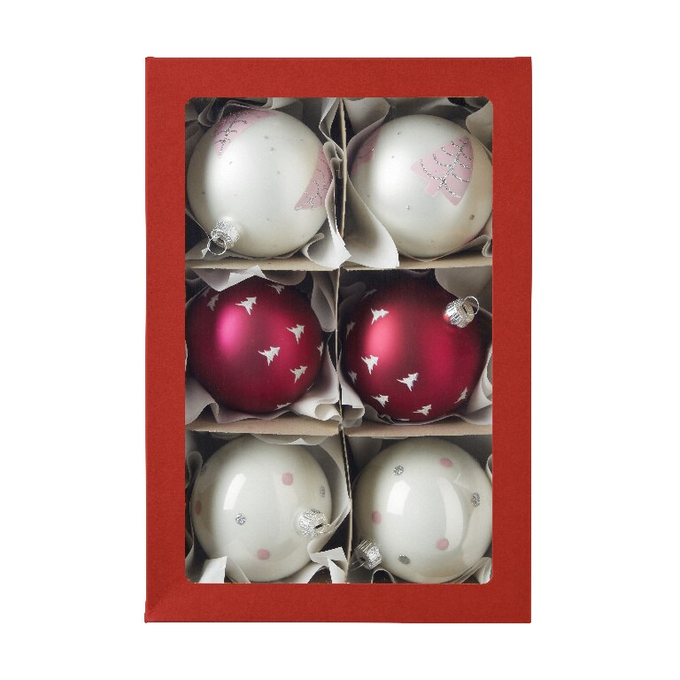 Set globuri Craciun, sticla, 8 cm, rosu-alb, 6 bucati