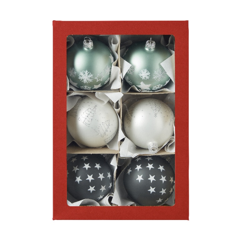 Set globuri Craciun Folklore Myths, sticla, 8 cm, verde-alb, 6 bucati
