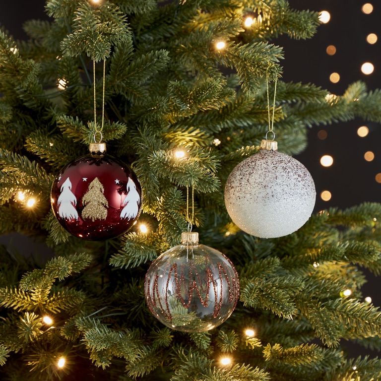 Set globuri Craciun Highland Lodge, 8 cm, rosu-alb, 6 bucati