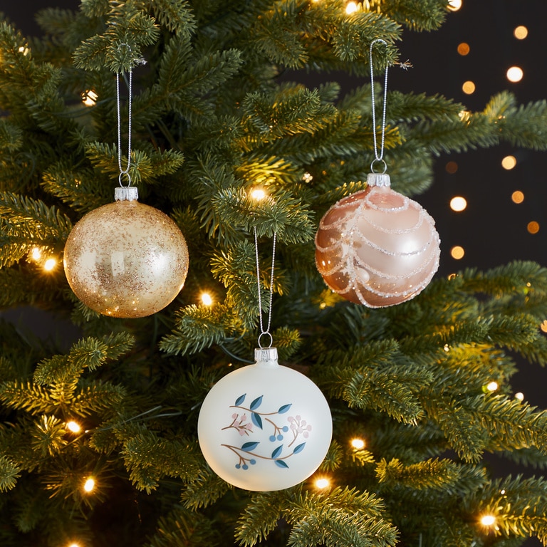 Set globuri Craciun, sticla, 8 cm, roz-alb, 6 bucati