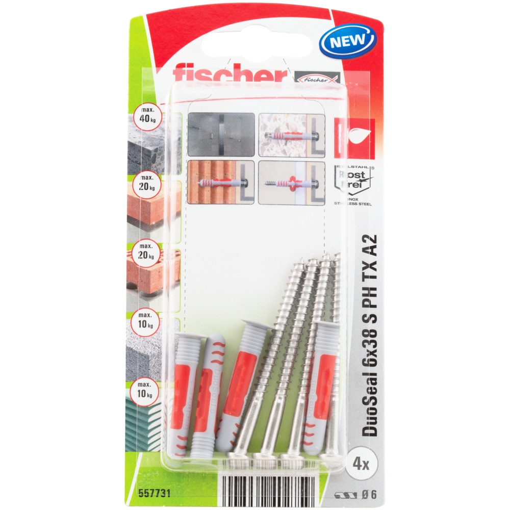 Set de 4 dibluri duopower 6x38 mm cu holsurub de inox A2 pentru fixari etanse in zone constant umede  Fischer