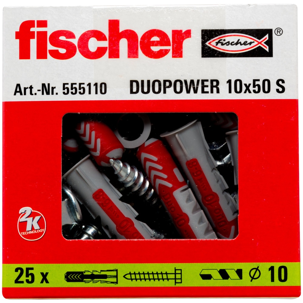 Diblu nylon duopower 10 x 50 cu holsurub aferent total filetat cu cap hexagonal si saiba Fischer