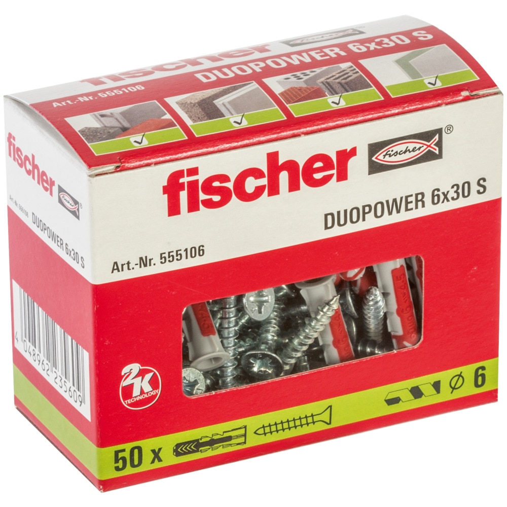 Diblu nylon duopower 6 x 30 cu holsurub aferent total filetat cu cap inecat PZ2 • Fischer