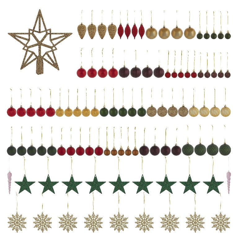 Set globuri brad traditionale, 100 bucati, multicolor