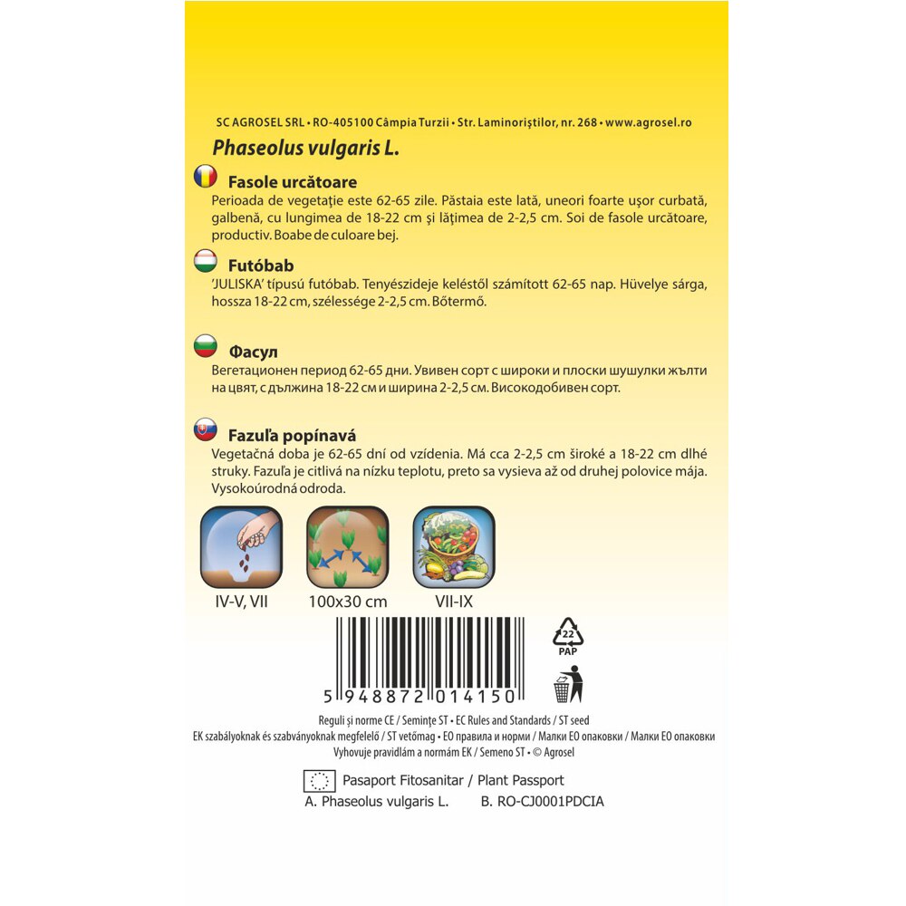 Seminte de legume Fasole urcatoare Ecaterina, 1 plic
