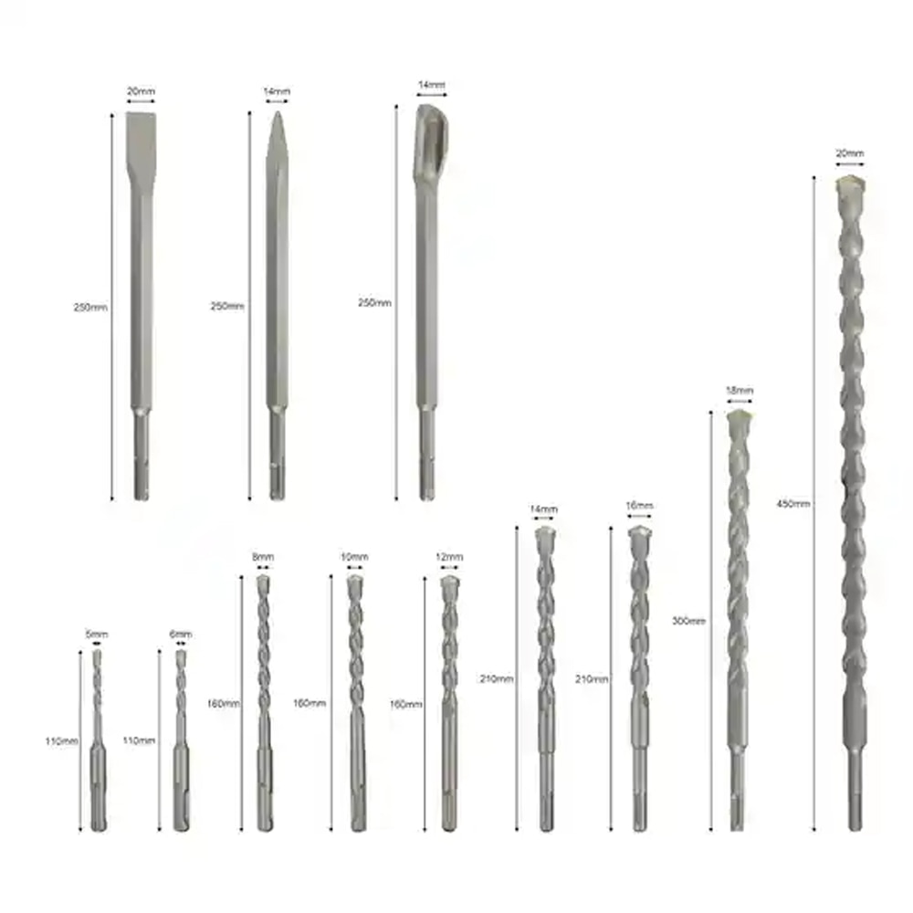 Trusa burghie si dalti zidarie SDS Plus MAC ALISTER, otel, 12buc, argintiu