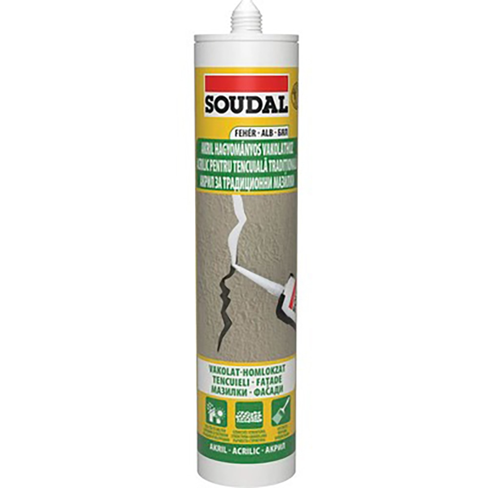 Mastic acrilic tencuiala SOUDAL, aplicare cu pistol, alb, 280 ml