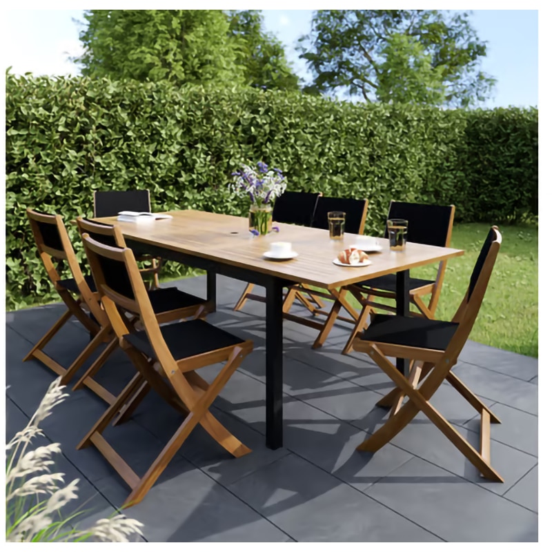 Scaun de gradina si camping BLOOMA Fasia, lemn de acacia/textil, pliabil, 50 x 60 x 90 cm, maro/negru