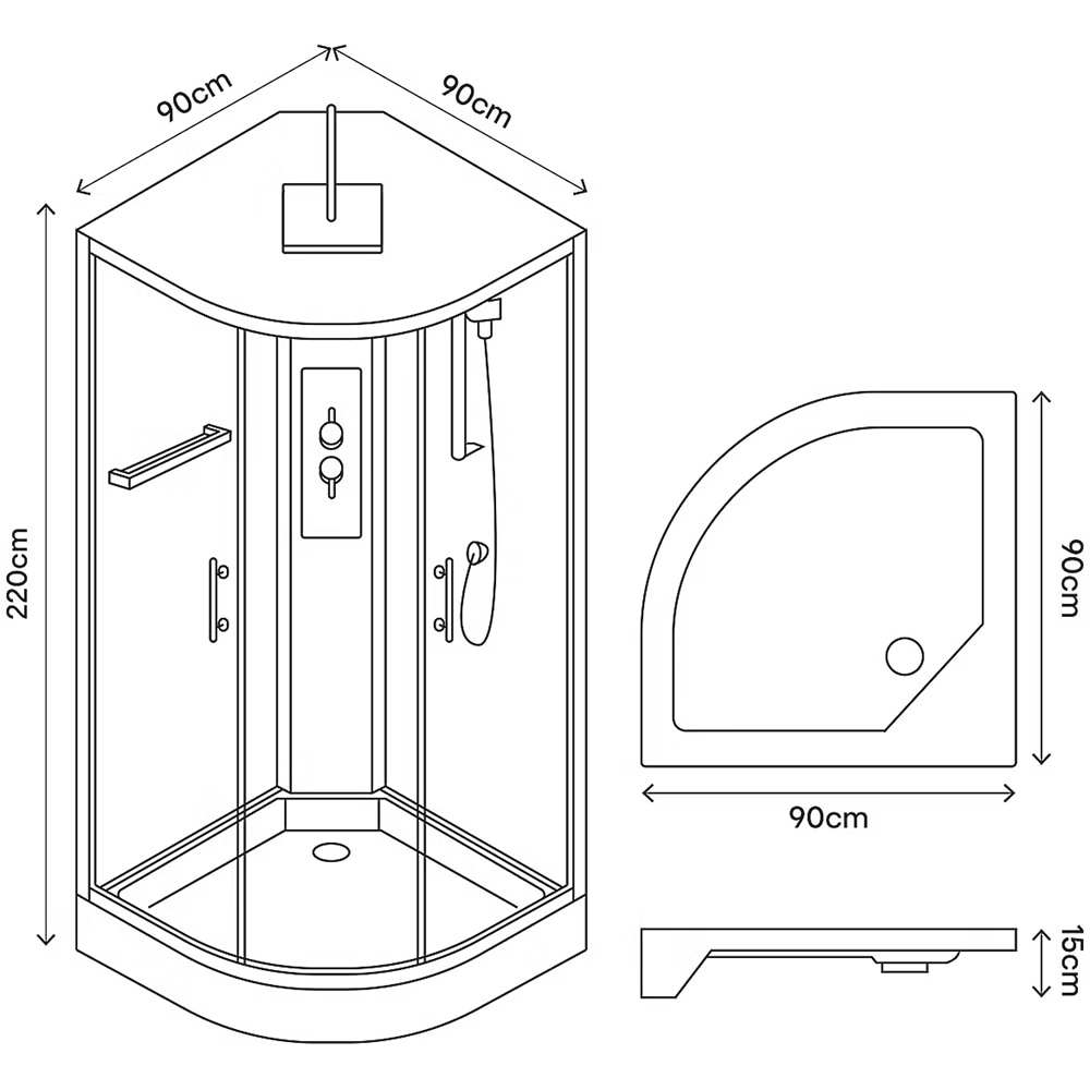 Cabina de dus cu hidromasaj GOODHOME Beloya, 90 x 90 x 220 cm, sticla securizata 6mm, profil negru