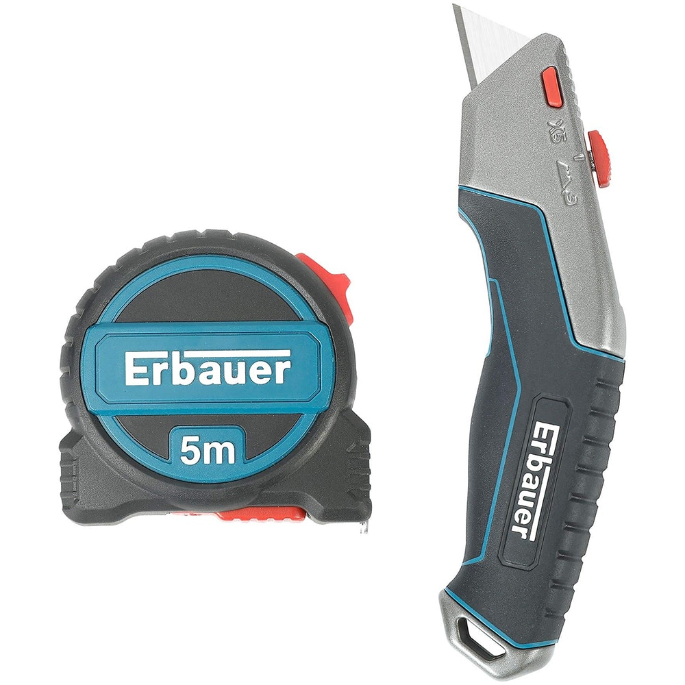 Set Ruleta 5 m si cutter cu rama retractabila ERBAUER, plastic, gri