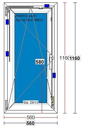 Fereastra termopan PVC, alb, 4 camere, dubla deschidere, stanga, 56X116 cm