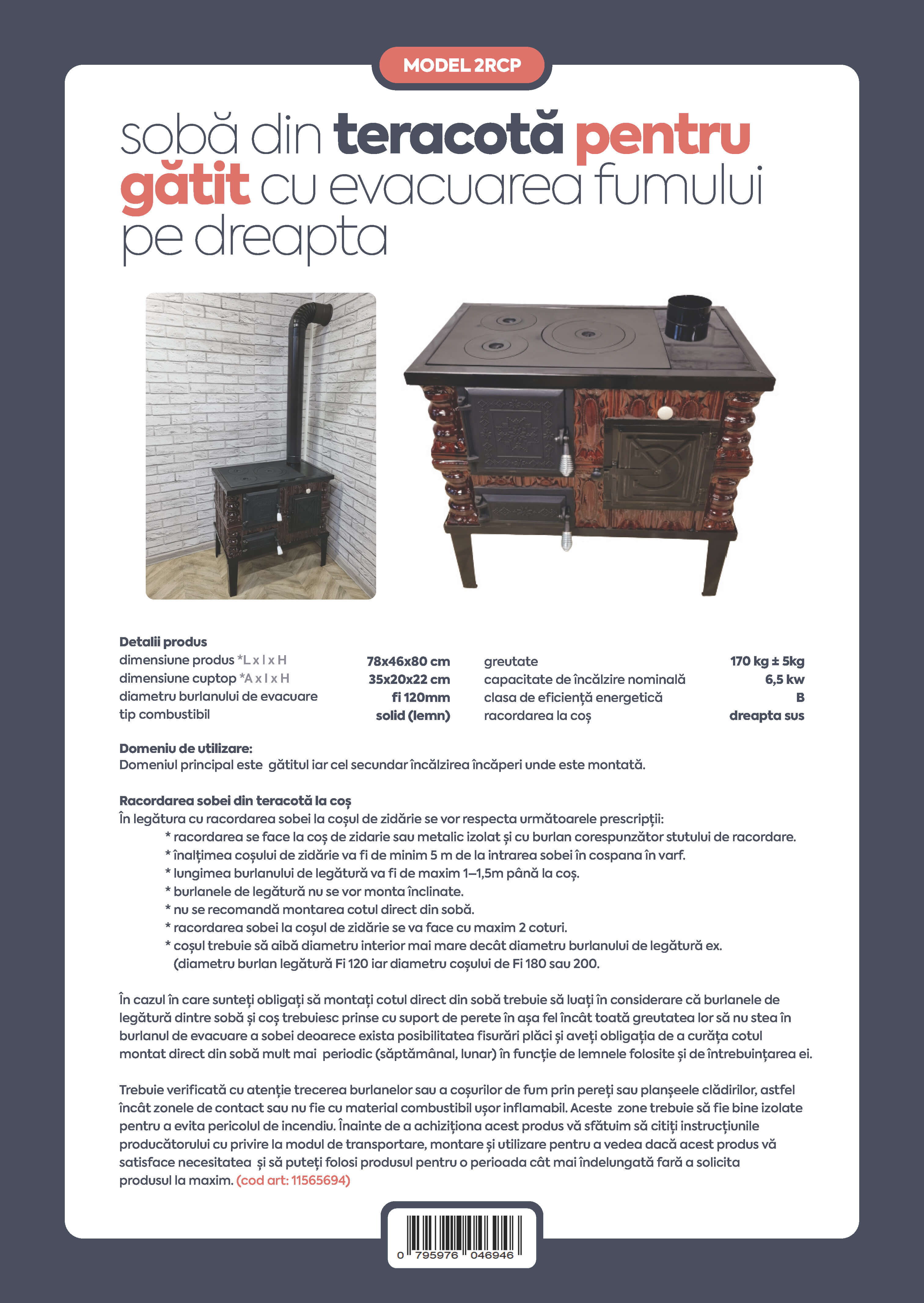 Soba teracota cu plita de gatit, 2 randuri, evacuare fum dreapta