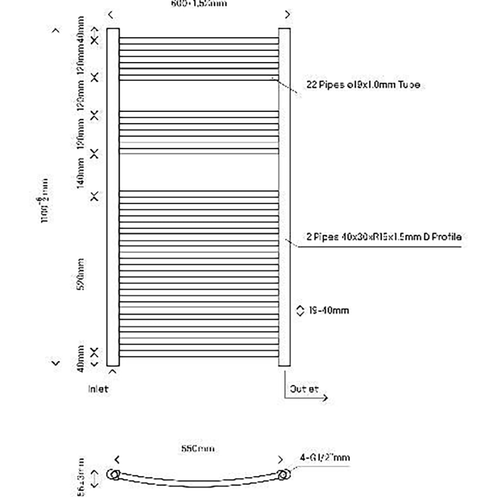 Calorifer baie portprosop FLOMASTA, 1100x600 mm, crom