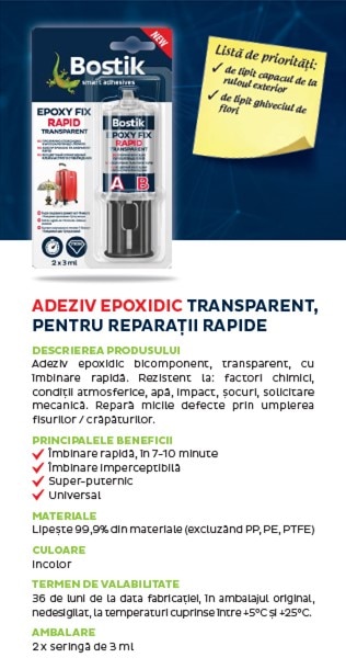 Adeziv transparent,  2 X 3 ml  Bostik Epoxy fix