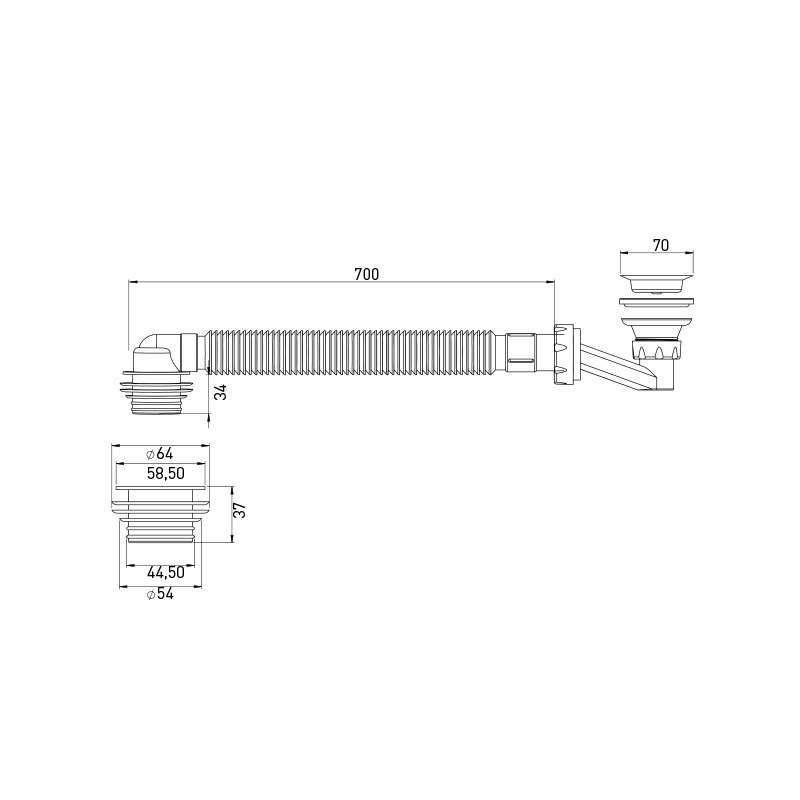Sifon cadita dus cu cot flexibil, inox • Wirquin Essentials
