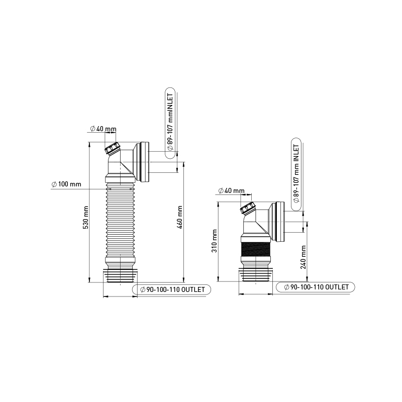 Racord WC rigid-extensibil cu mason, 100 / 460 MM, diametru 40  Wirquin Essentials