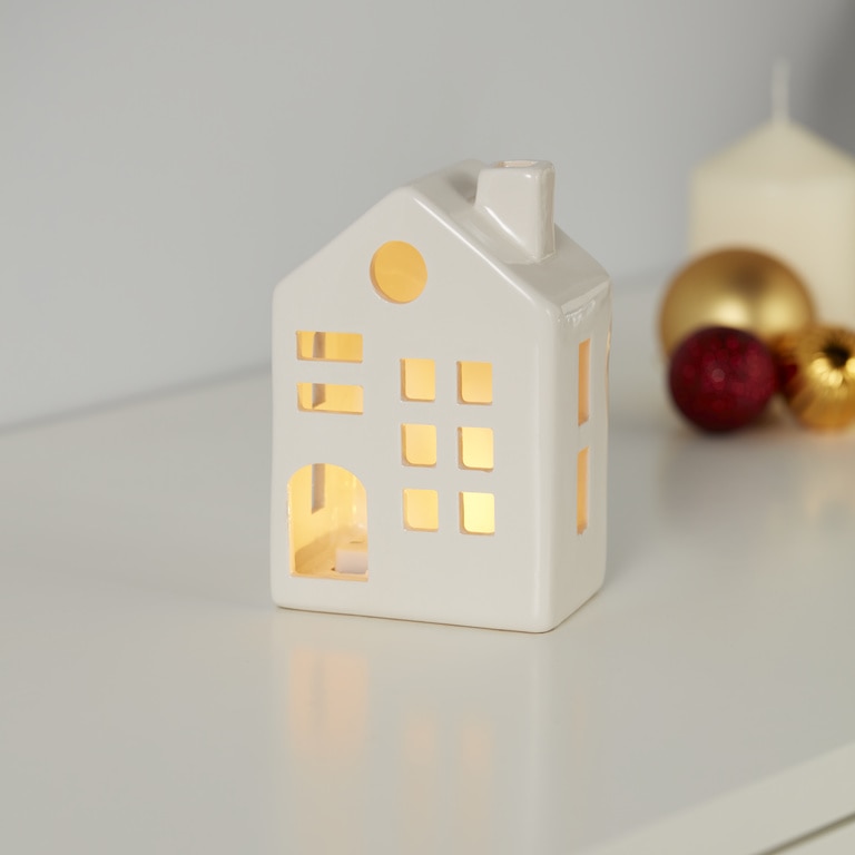 Decoratiune Casa Luminoasa, 8.5 x 6 x 13 cm, ceramica, alb, lumina alb cald