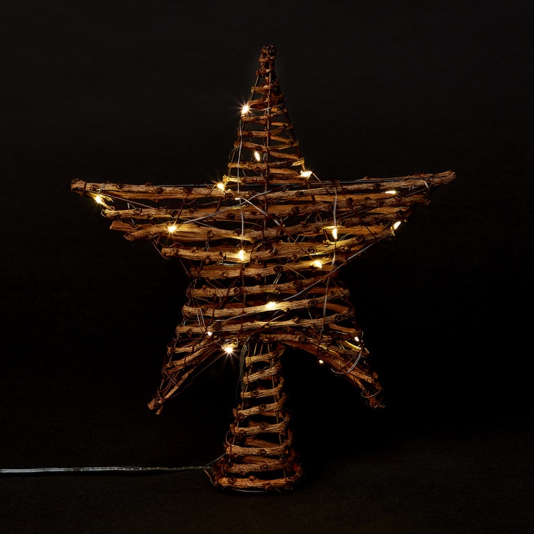 Varf de brad Steluta 20 LED-uri, 25 x 29 cm, metal si ratan, maro, lumina alb cald