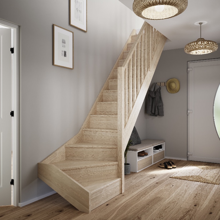 Scara interioara curba, lemn rasinos, cu contratrepte, turnanta stanga Rapallo