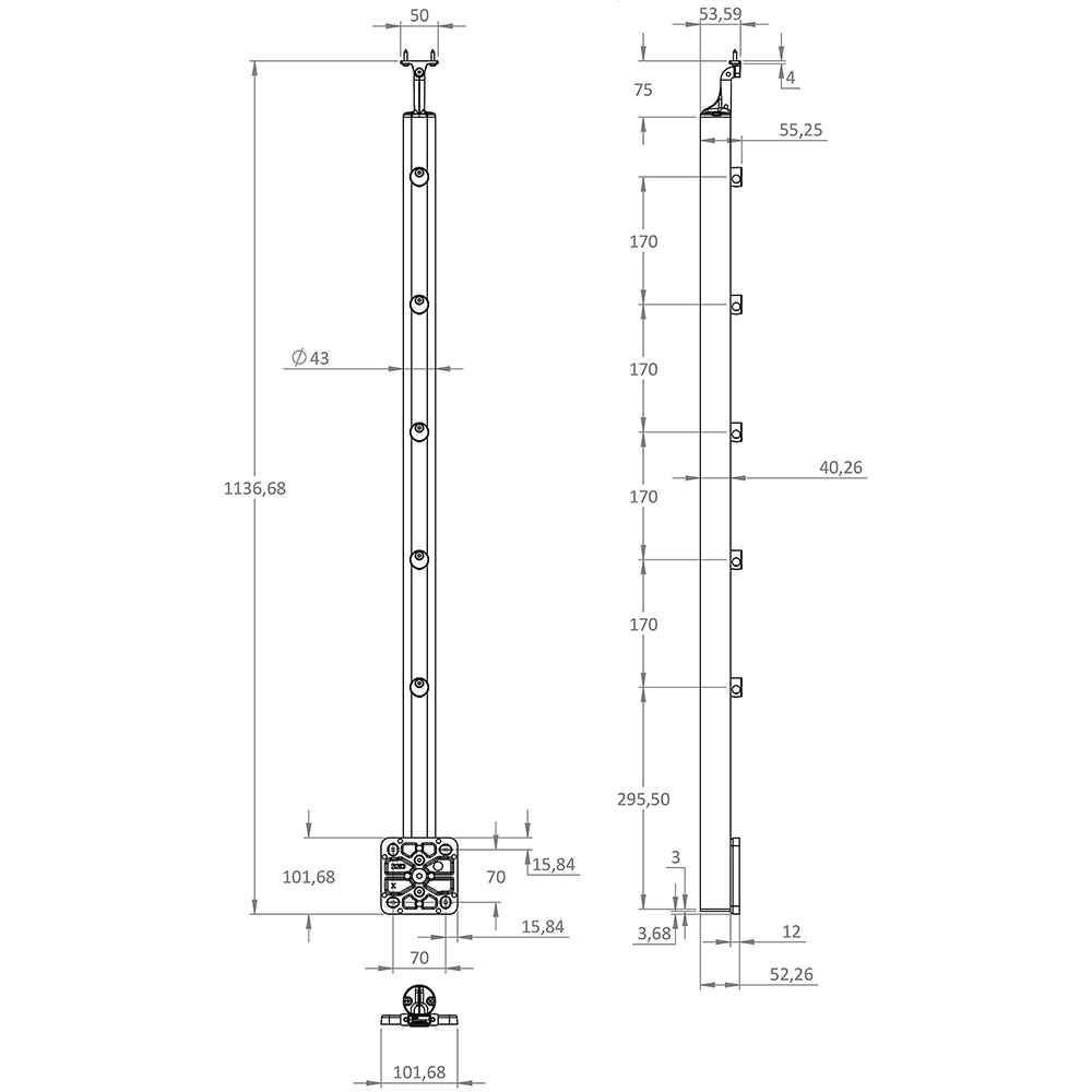 Stalp pentru balustrada FORTIA, 113.7 x 10.2 cm, aluminiu, negru